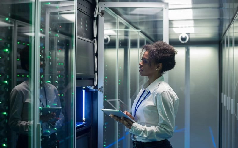Software employee reviewing technology hardware